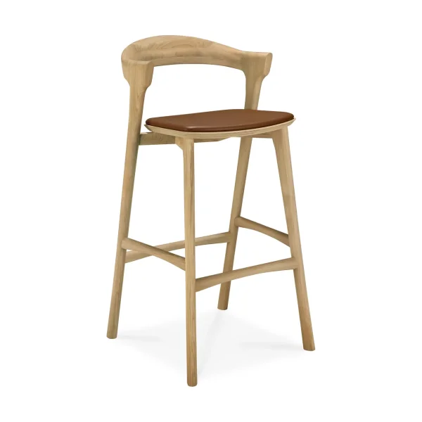 Ethnicraft Beech bar stool Lacquered oak–leather Cognac, 75 cm