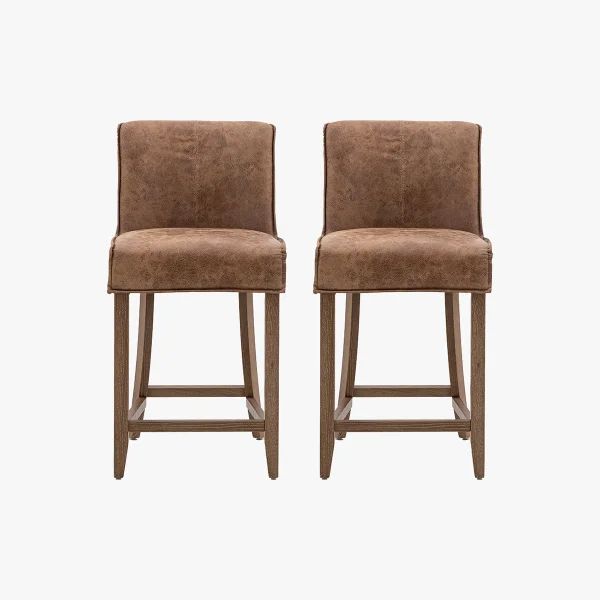 Ewan Bar Stool in Brown Leather - Set of 2