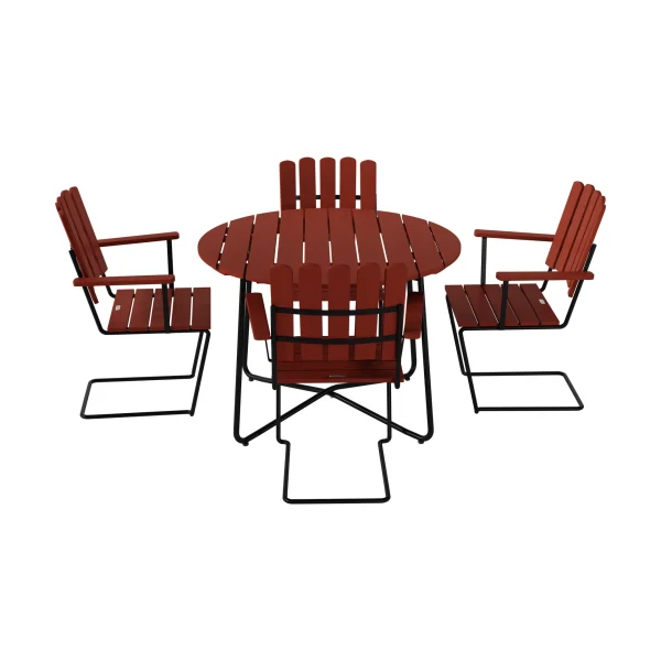 Grythyttan Stålmöbler 9A dining table Ø100 cm + 4 A2 armchairs, Dark stained oak-black frame