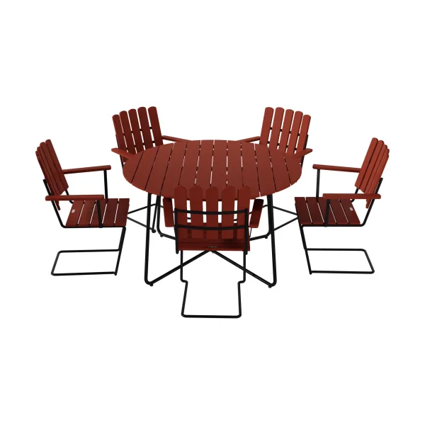 Grythyttan Stålmöbler 9A dining table Ø120 cm + 5 A2 armchairs, dark red oak-black frame
