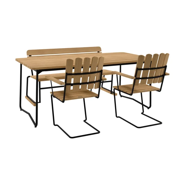 Grythyttan Stålmöbler B31 table 170 cm + 2 A2 armchairs + 3 seater sofa, oiled oak-black frame