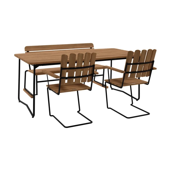 Grythyttan Stålmöbler B31 table 170 cm + 2 A2 armchairs + 3 seater sofa, teak-black frame