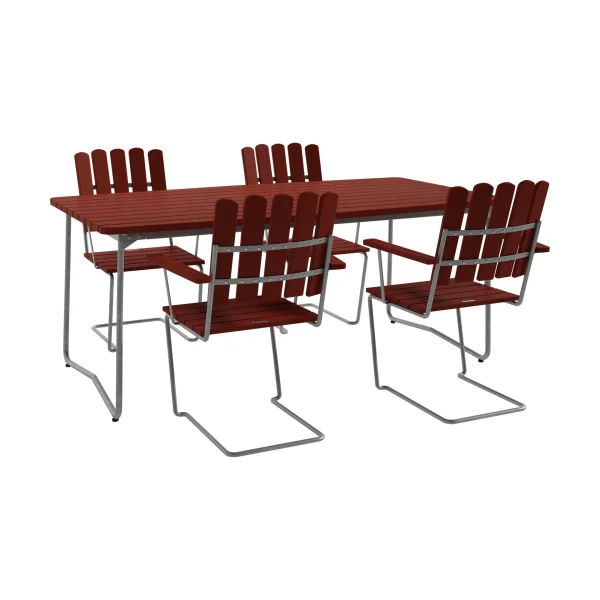 Grythyttan Stålmöbler B31 table 170 cm + 4 A2 armchairs, dark red-warm galvanized frame