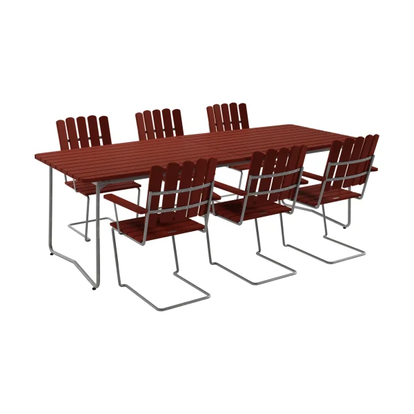Grythyttan Stålmöbler B31 table 230 cm + 6 A2 armchairs, dark red-hot-dip galvanized frame