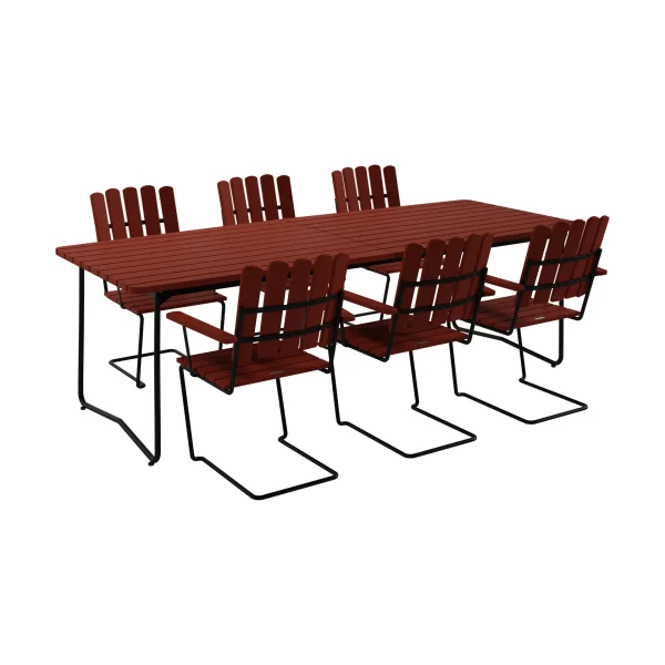 Grythyttan Stålmöbler B31 table 230 cm + 6 A2 armchairs, dark red oak-black frame