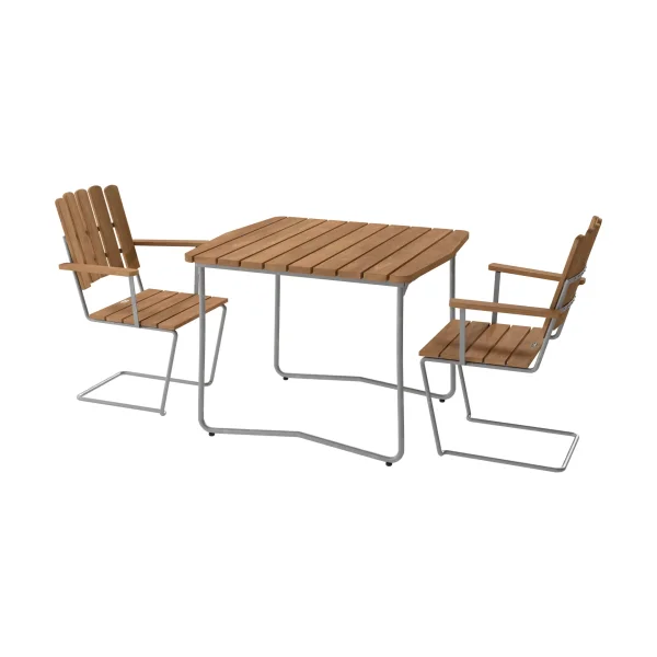 Grythyttan Stålmöbler B31 table 92 cm + 2 A2 armchairs, teak–hot-dip galvanized frame