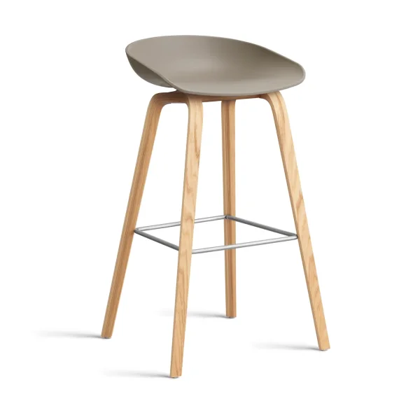 HAY About a Stool AAL32 High 2.0 bar stool lacquered oak base Khaki-stainless steel footrest