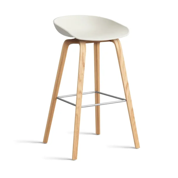 HAY About a Stool AAL32 High 2.0 bar stool lacquered oak base Melange cream-stainless steel footrest