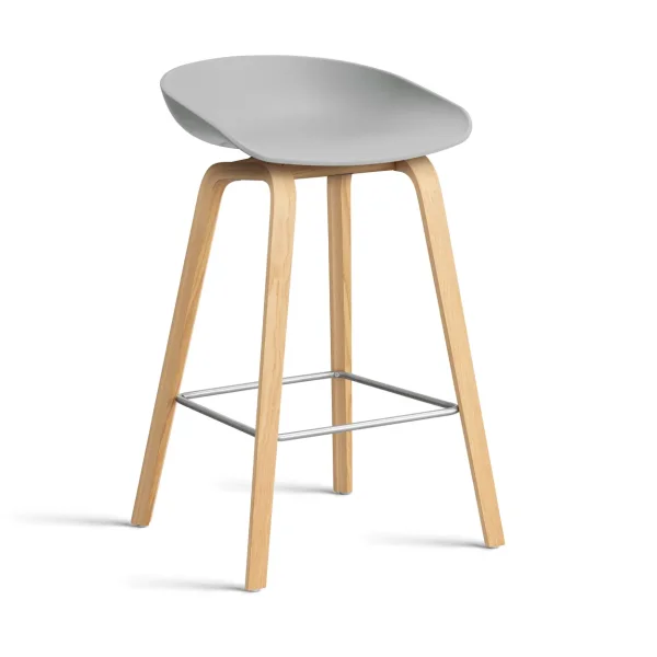 HAY About a Stool AAL32 Low 2.0 bar stool lacquered oak base Concrete grey-stainless steel footrest