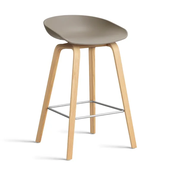 HAY About a Stool AAL32 Low 2.0 bar stool lacquered oak base Khaki-stainless steel footrest
