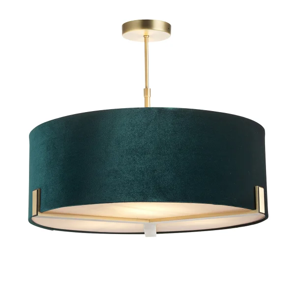 Nina Three Light Pendant in Antique Brass with Green Velvet Shade