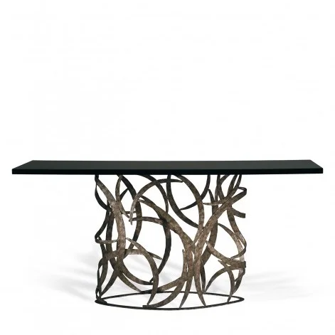 Porta Romana I Elliptical Miro Console Table | Burnt Silver with Black Lacquer Top