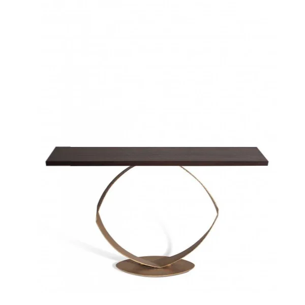 Porta Romana I 'O' Console Table | French Brass with Darked Fumed Oak Top