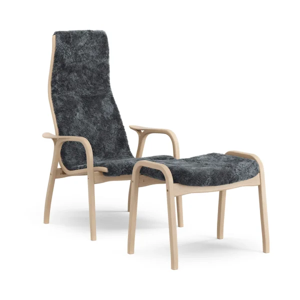 Swedese Lamino armchair and footstool Sheepskin Charcoal-laquered beech