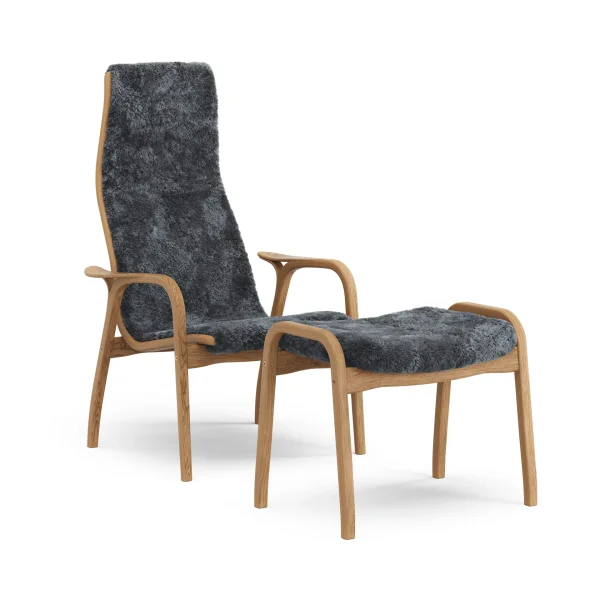 Swedese Lamino armchair and footstool Sheepskin Charcoal-oiled oak