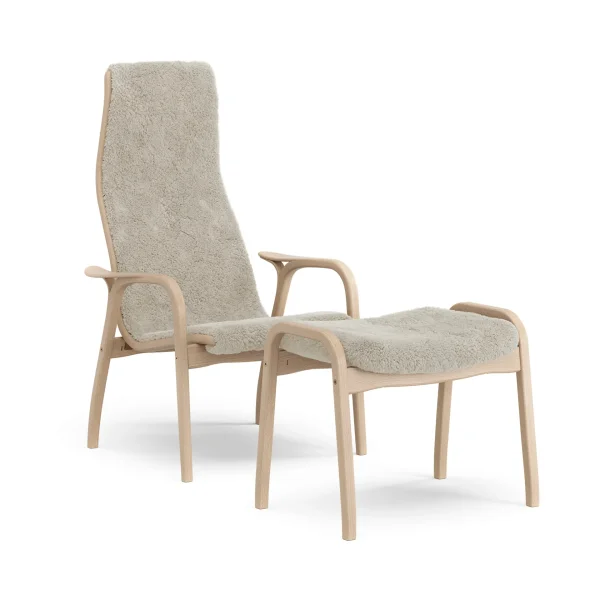 Swedese Lamino armchair and footstool Sheepskin Moonlight-laquered beech
