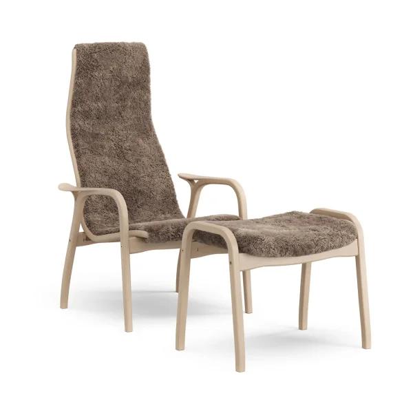 Swedese Lamino armchair and footstool Sheepskin Sahara-laquered beech