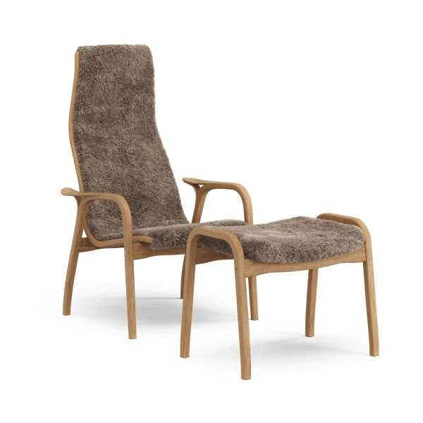 Swedese Lamino armchair and footstool Sheepskin Sahara-oiled oak