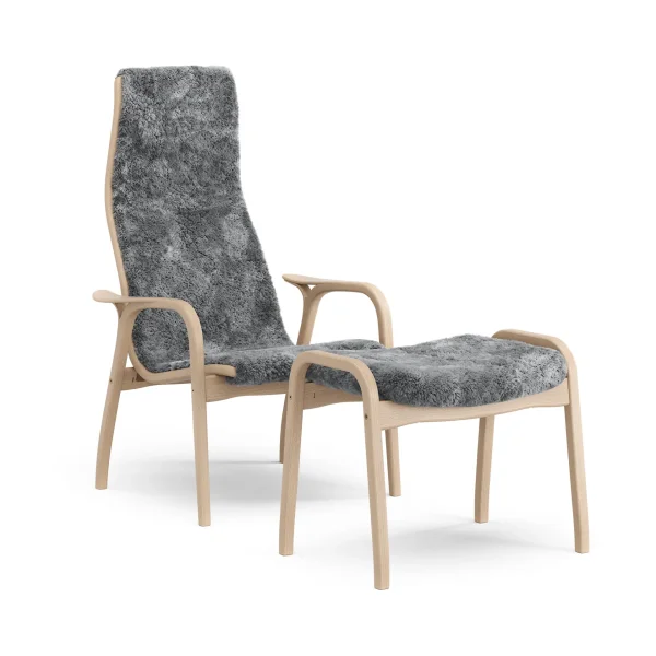 Swedese Lamino armchair and footstool Sheepskin Scandinavian grey-laquered beech